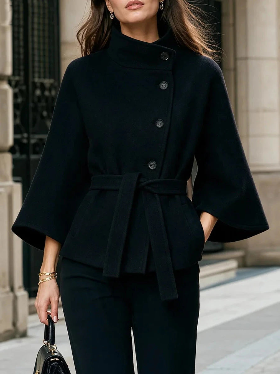 Women's Wool-Blend Cape Coat with Belt – Stand Collar & Batwing Sleeves