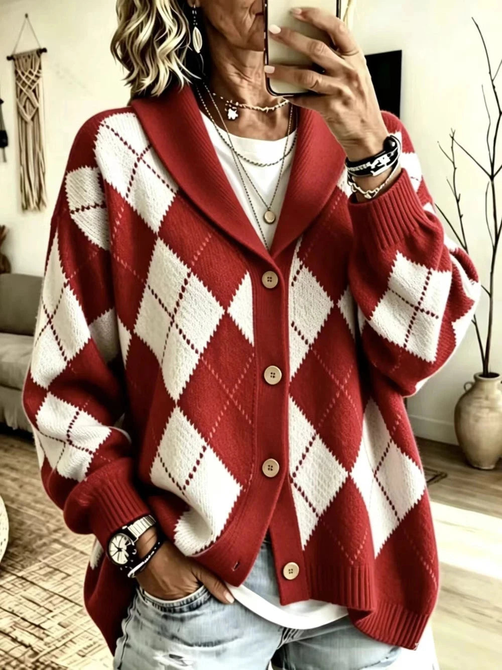 Women's Diamond Knit Collared Cardigan