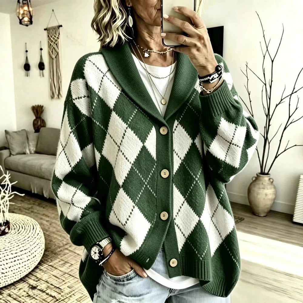 Women's Diamond Knit Collared Cardigan