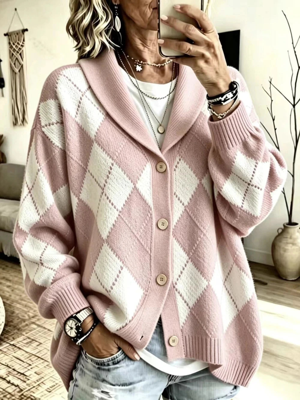 Women's Diamond Knit Collared Cardigan