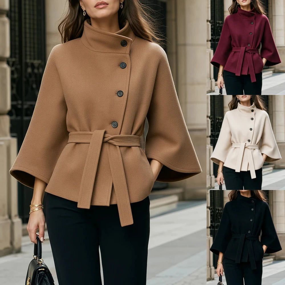 Women's Wool-Blend Cape Coat with Belt – Stand Collar & Batwing Sleeves