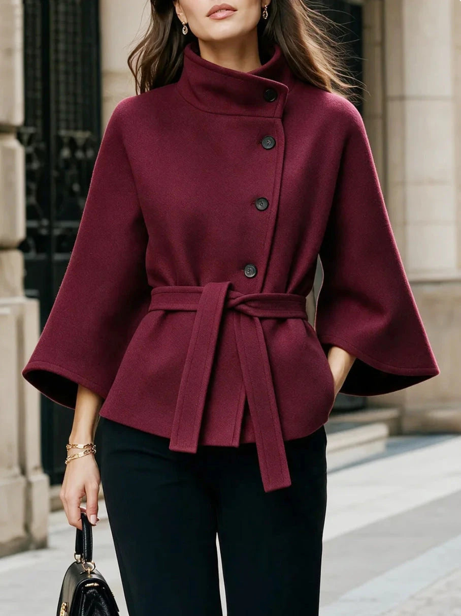 Women's Wool-Blend Cape Coat with Belt – Stand Collar & Batwing Sleeves