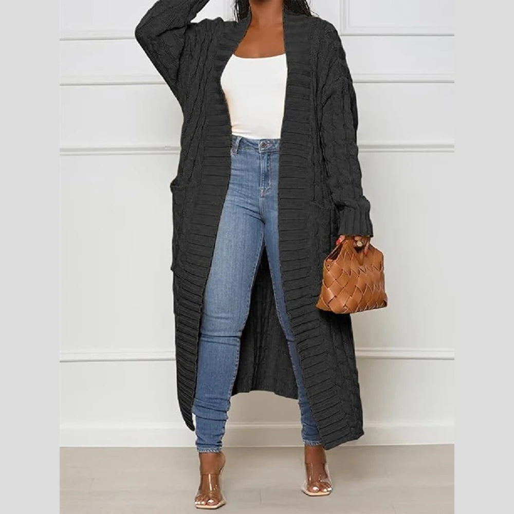 Women's long knit cardigan with side pockets, main product image