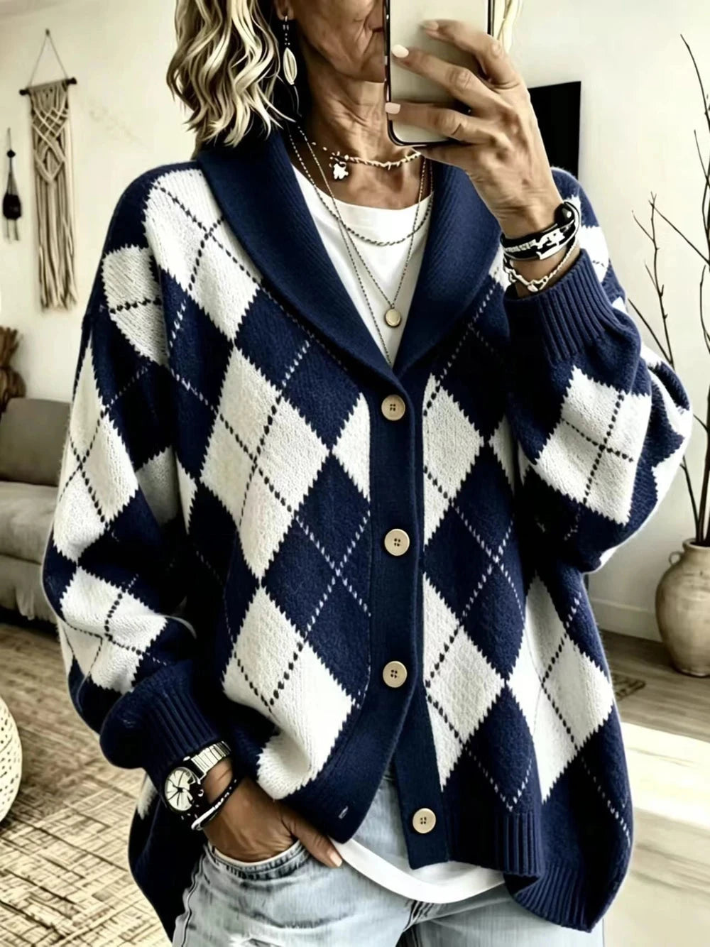 Women's Diamond Knit Collared Cardigan