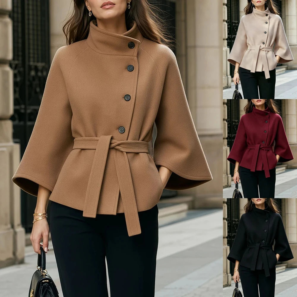 Women's Wool-Blend Cape Coat with Belt – Stand Collar & Batwing Sleeves