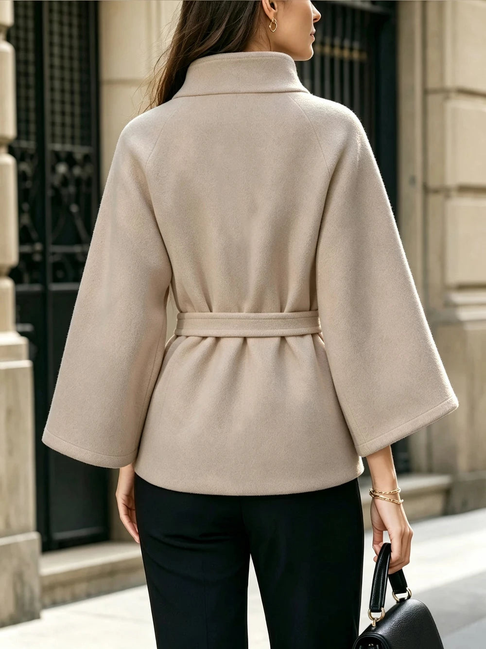 Women's Wool-Blend Cape Coat with Belt – Stand Collar & Batwing Sleeves