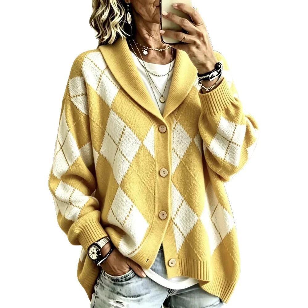 Women's Diamond Knit Collared Cardigan