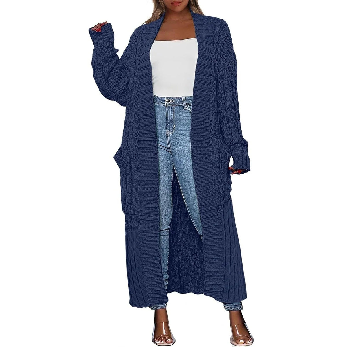 Women's long knit cardigan with side pockets, additional image
