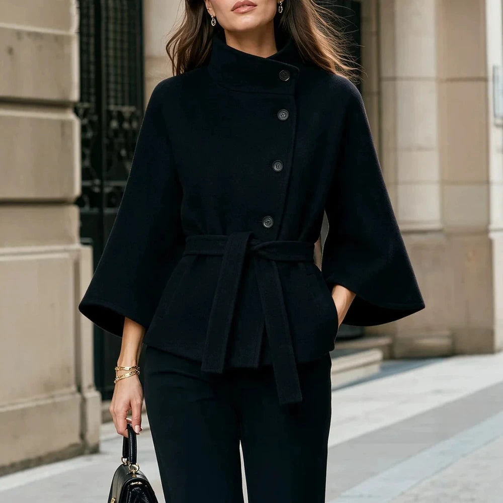 Women's Wool-Blend Cape Coat with Belt – Stand Collar & Batwing Sleeves