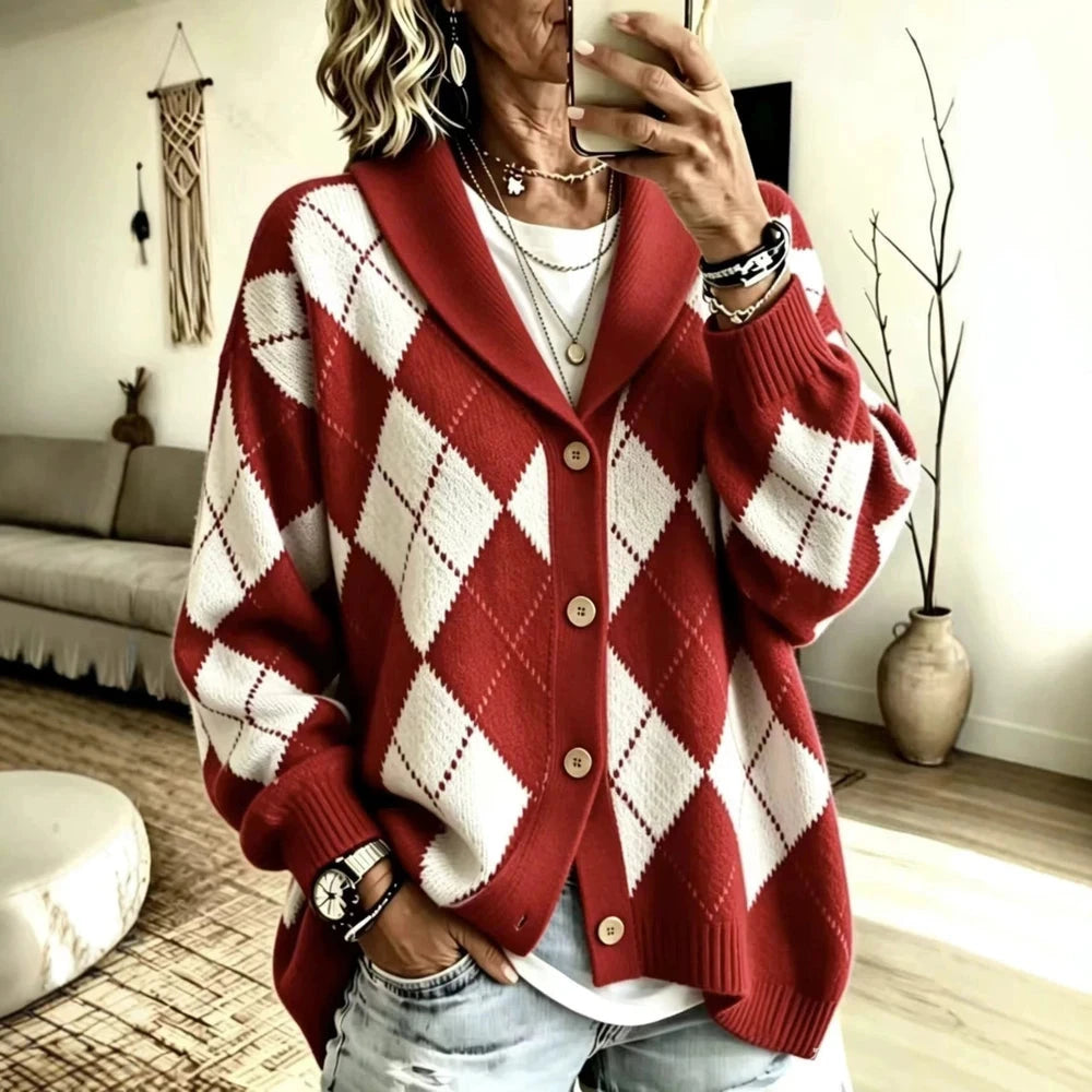 Women's Diamond Knit Collared Cardigan