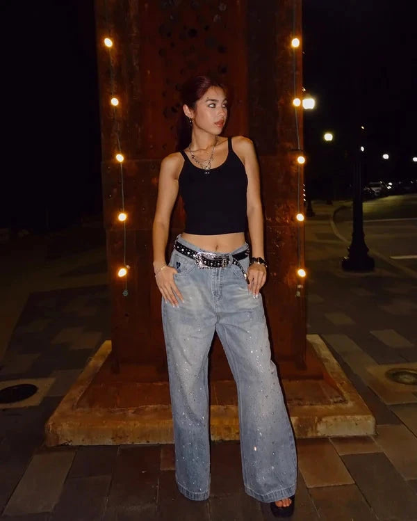 Rhinestone Baggy Jeans – Relaxed Streetwear Denim