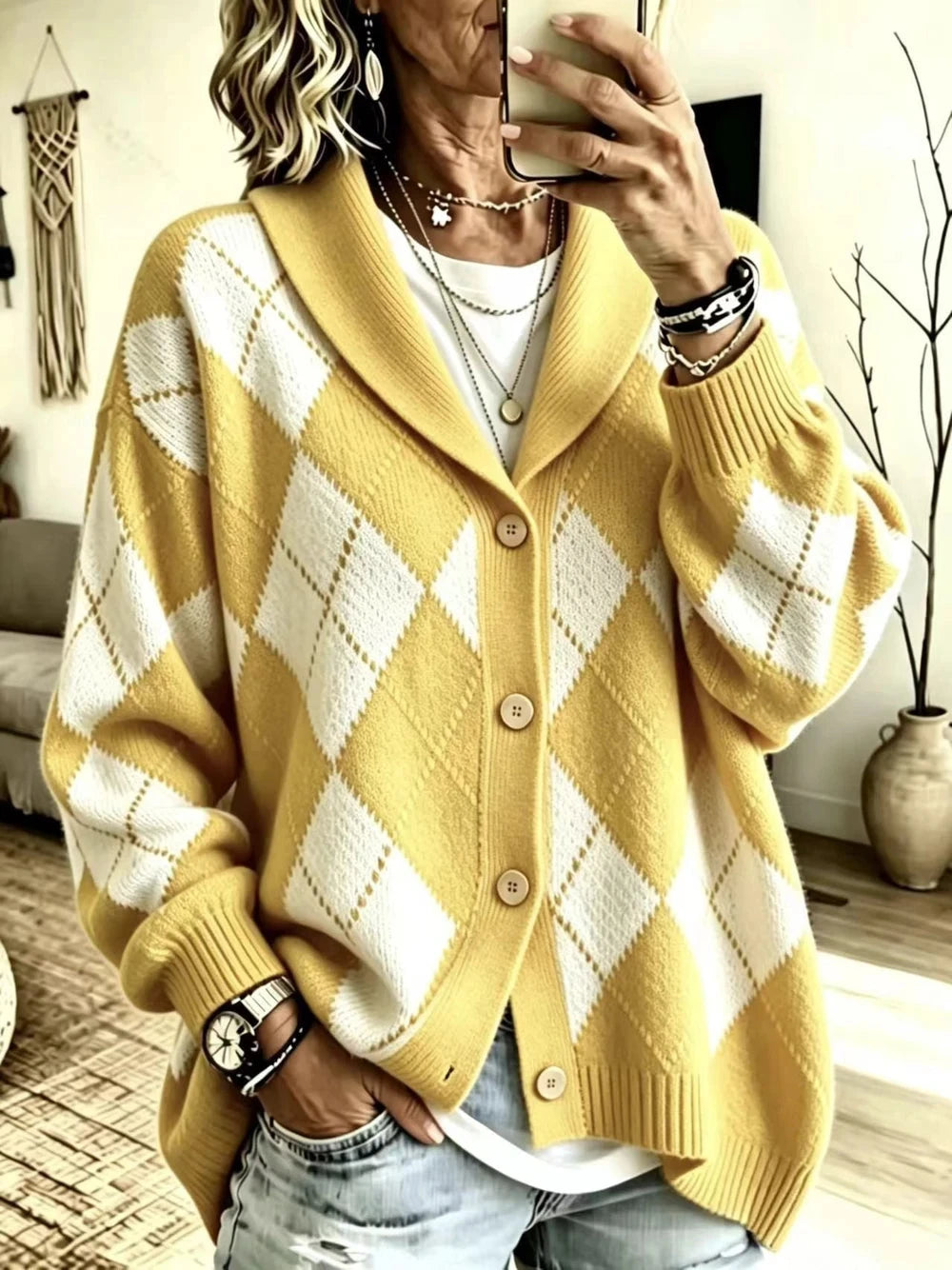 Women's Diamond Knit Collared Cardigan
