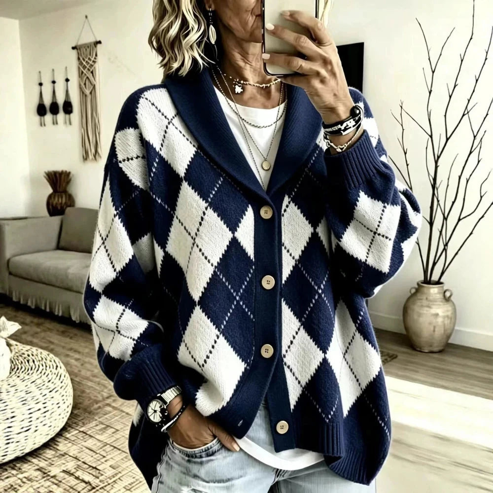 Women's Diamond Knit Collared Cardigan