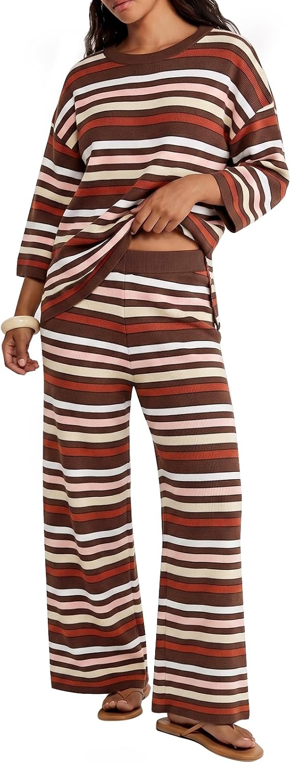 Tankaneo Womens Striped 2 Piece Sets Oversized Sweater and Wide Leg Pants