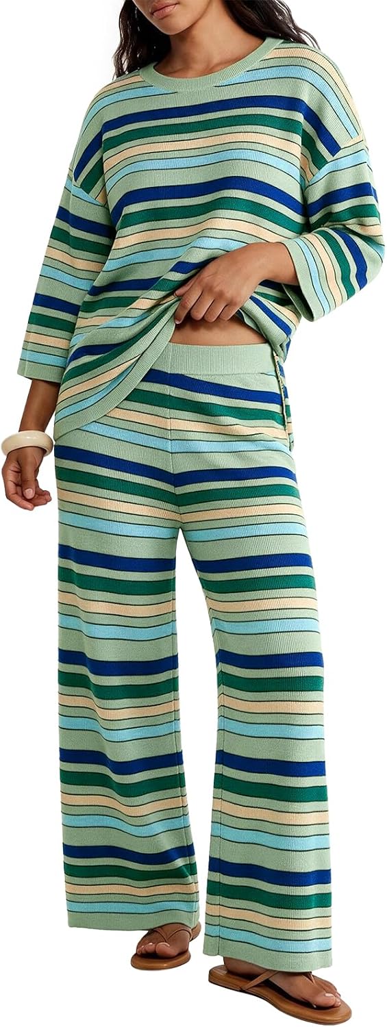 Tankaneo Womens Striped 2 Piece Sets Oversized Sweater and Wide Leg Pants