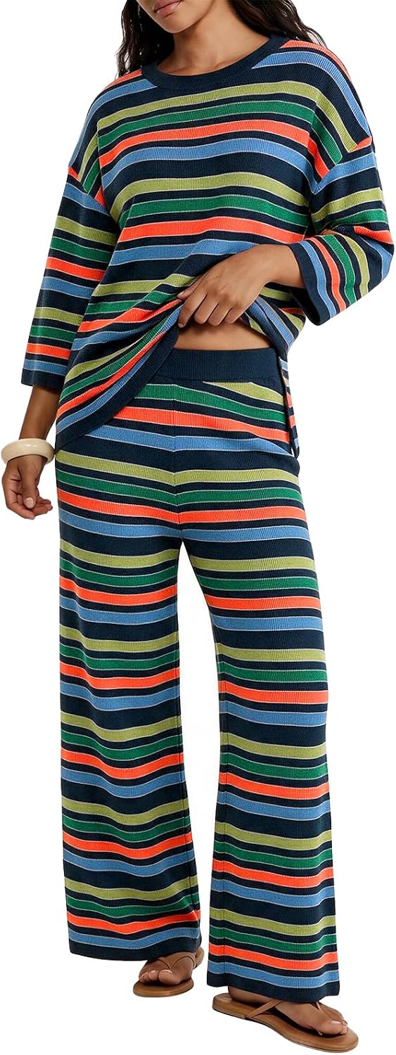 Tankaneo Womens Striped 2 Piece Sets Oversized Sweater and Wide Leg Pants
