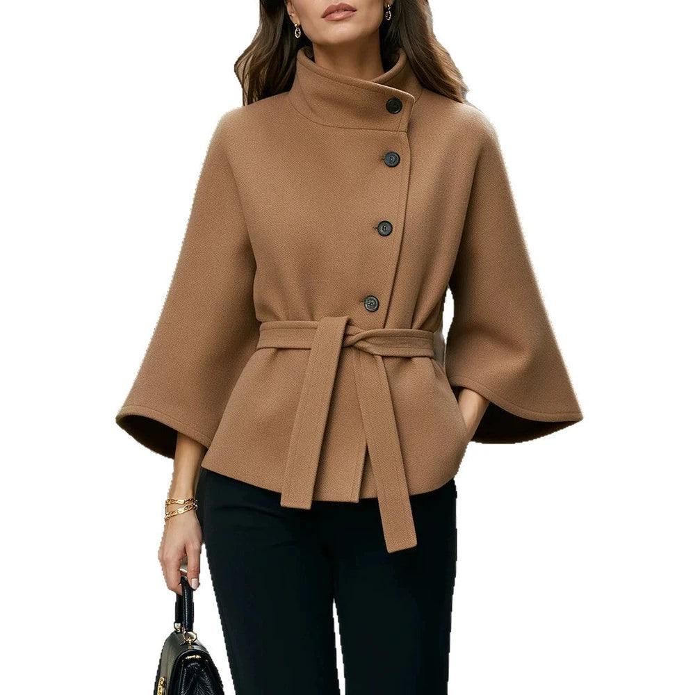 Women's Wool-Blend Cape Coat with Belt – Stand Collar & Batwing Sleeves