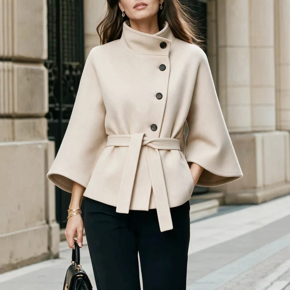 Women's Wool-Blend Cape Coat with Belt – Stand Collar & Batwing Sleeves