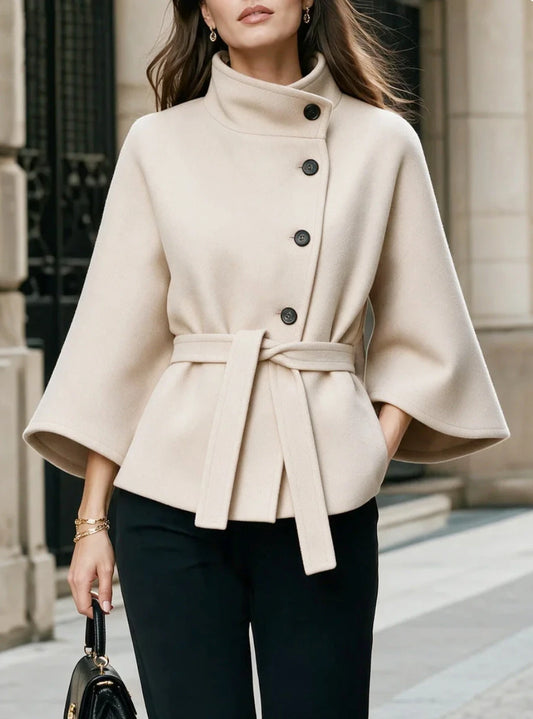Women's Wool-Blend Cape Coat with Belt – Stand Collar & Batwing Sleeves