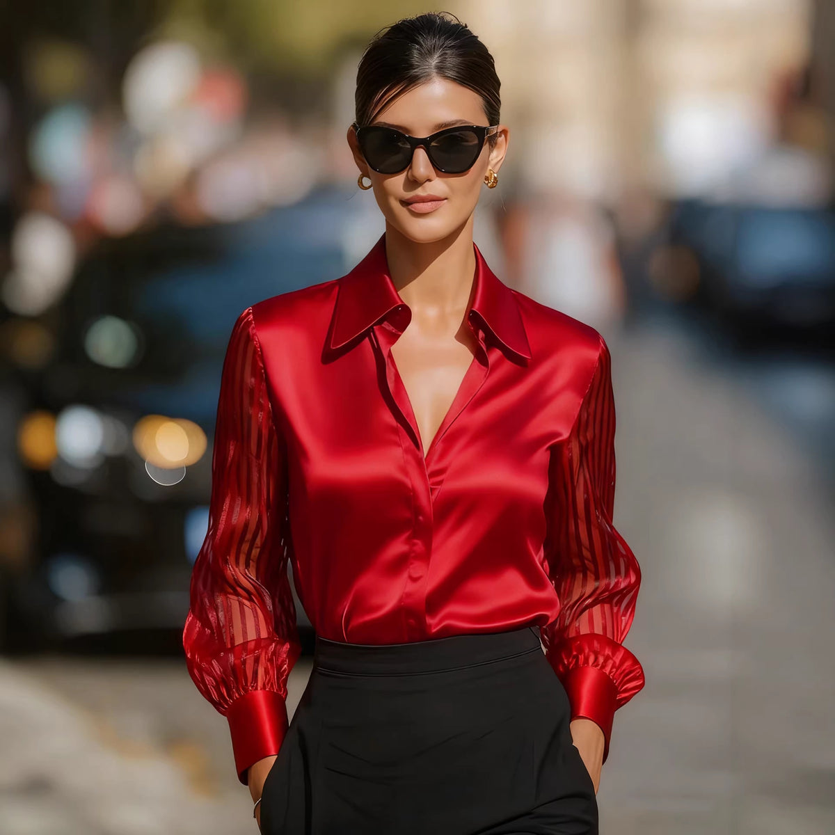 Elegant women's polo collar long-sleeved shirt